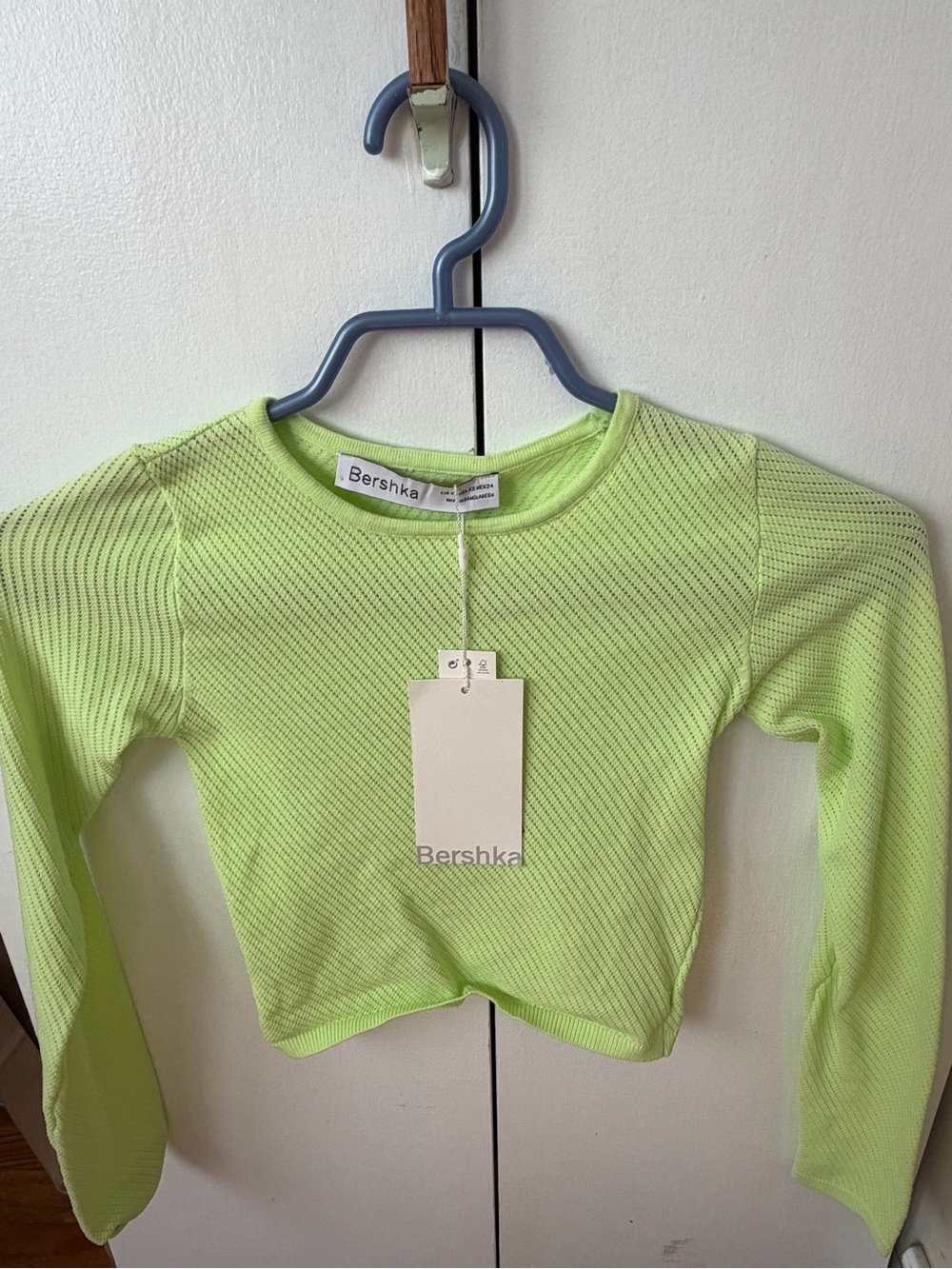 Bershka Neon Lime Ribbed Long-Sleeve Crop Top
